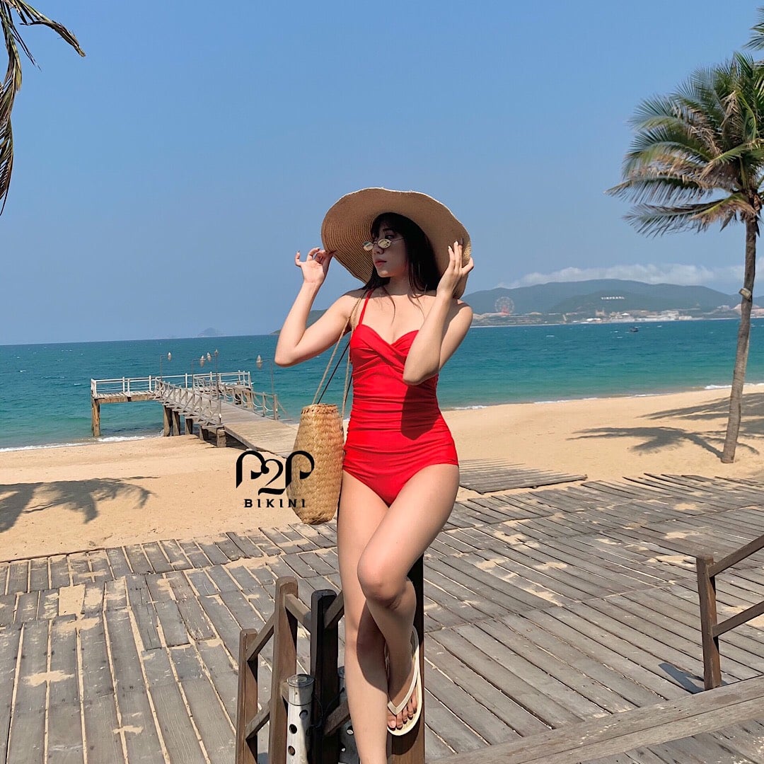 Monokini hai dây nhúng bụng đỏ