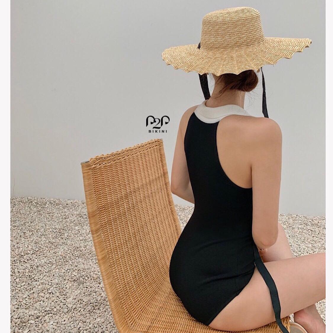 Monokini cổ bẻ basic đen
