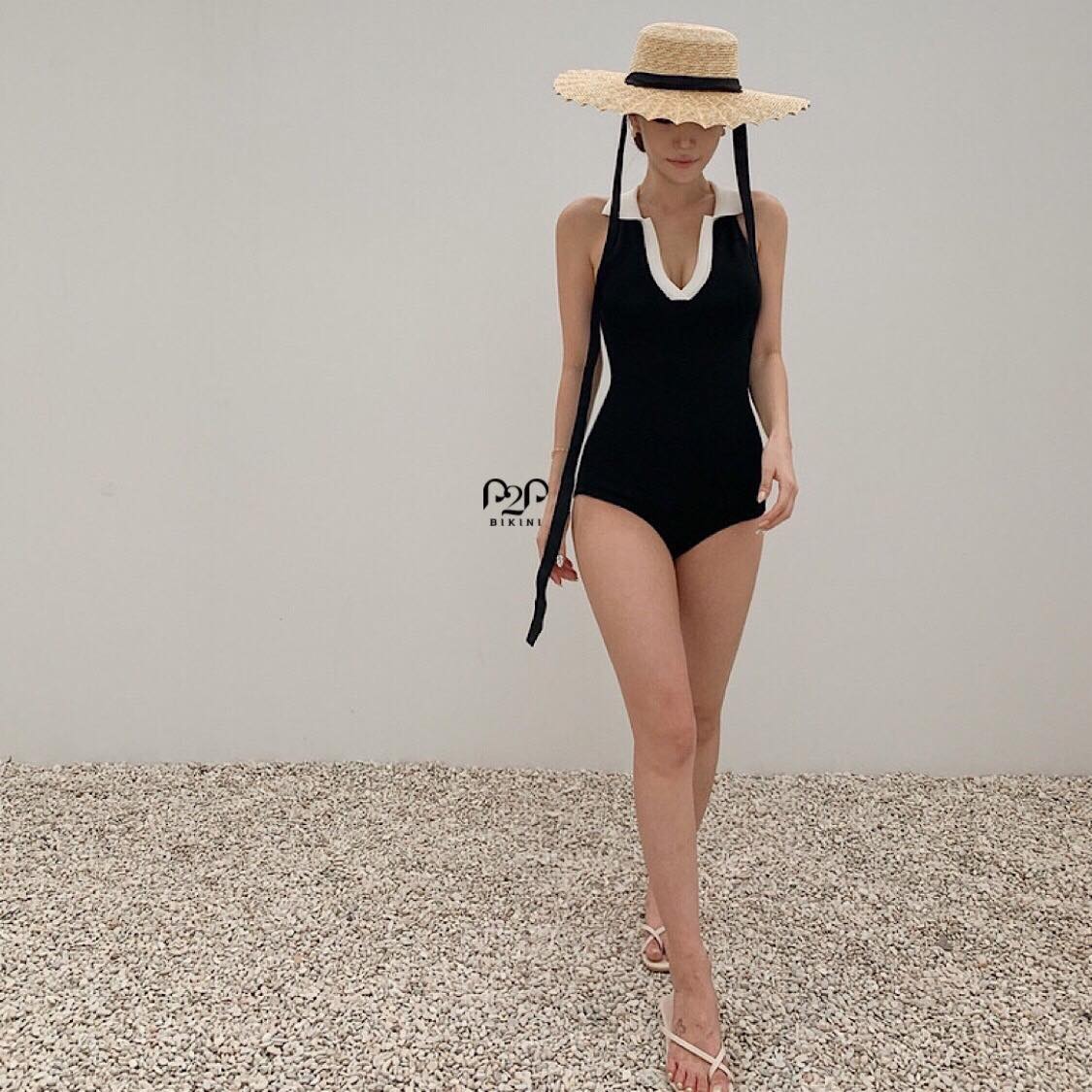 Monokini cổ bẻ basic đen