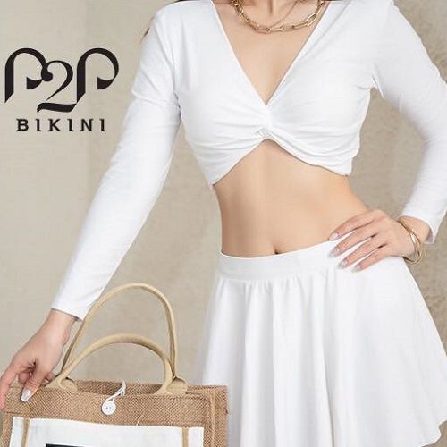 Đồ bơi tay dài croptop, váy xòe lưng cao trắng