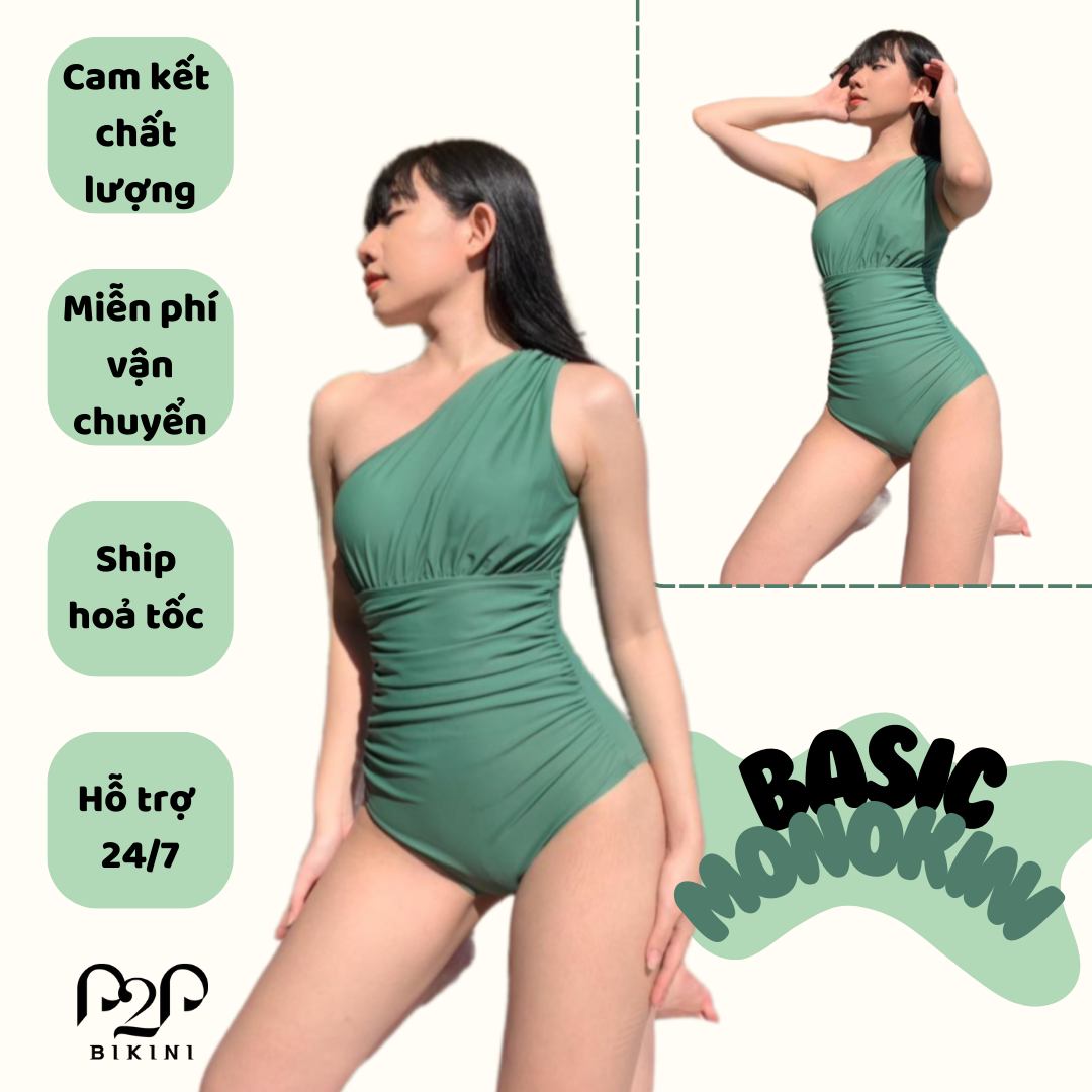 Đồ bơi Nữ một mảnh lệch vai màu xanh bơ - P2P BIKINI
