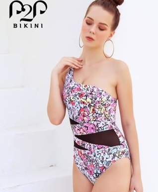 Monokini lệch vai cut out phối lưới họa tiết hoa