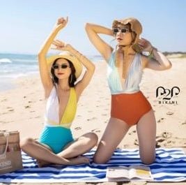 Monokini cột dây chéo lưng phối màu