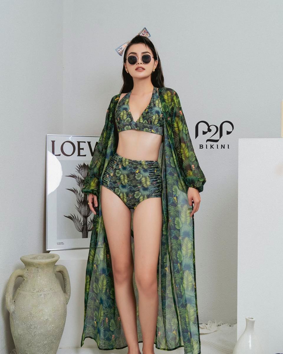 NEW ARRIVAL - Bikini 2 mảnh áo mút cột dây, quần lưng cao họa tiết tropical