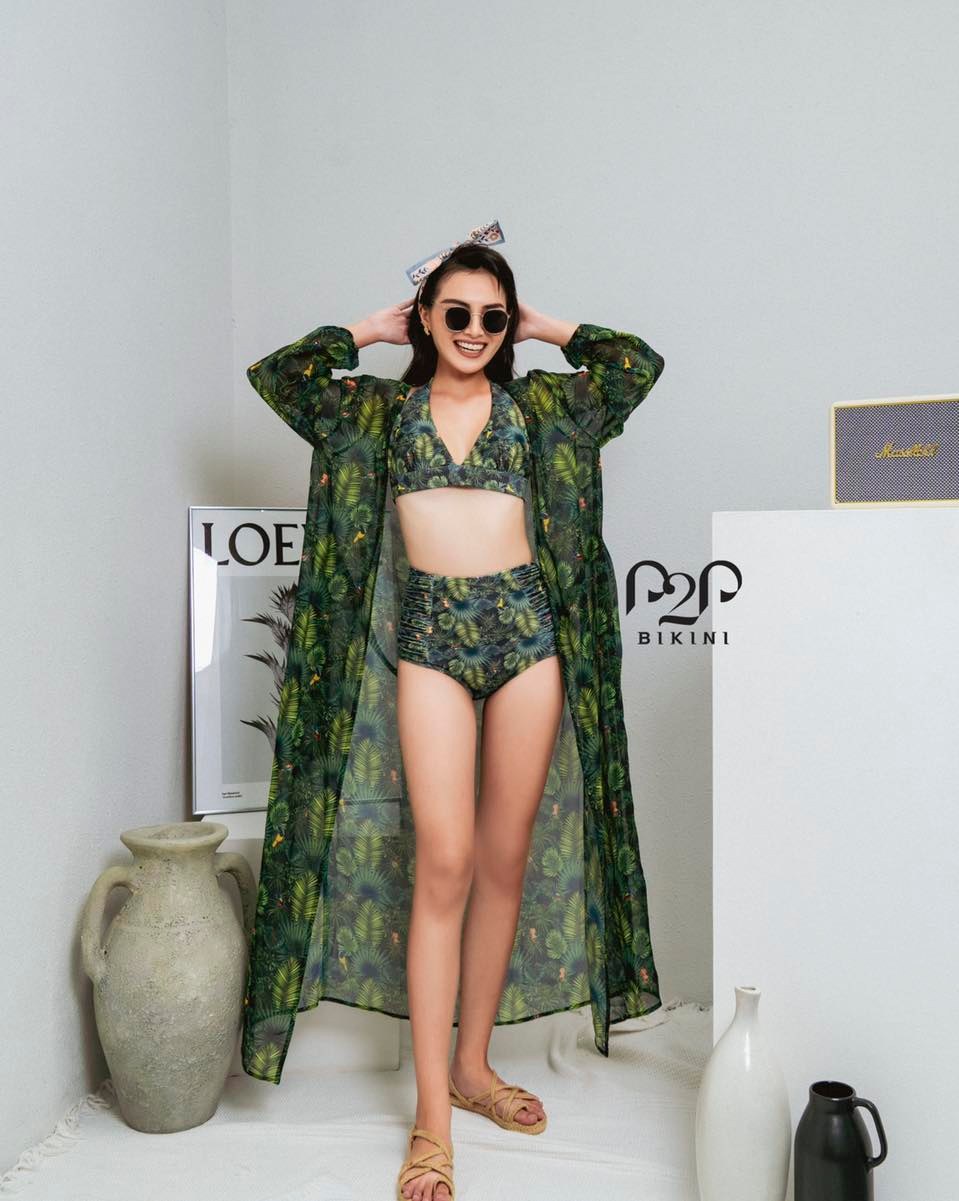 NEW ARRIVAL - Bikini 2 mảnh áo mút cột dây, quần lưng cao họa tiết tropical