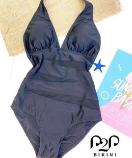 Monokini cột cổ phối lưới đen