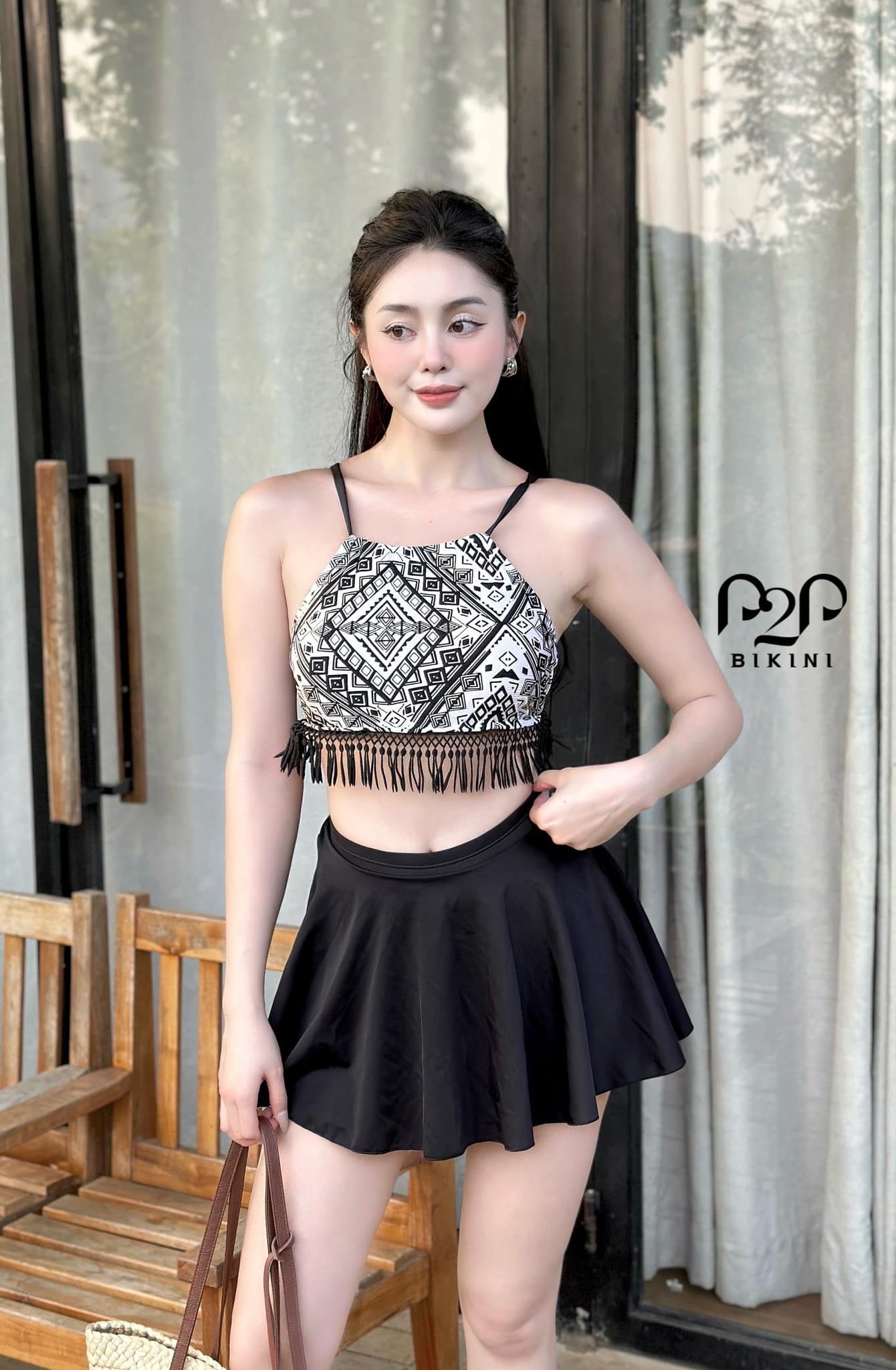Áo bơi LẺ Nữ P2P Bikini kiểu dáng croptop yếm cột dây hoạ tiết hình học