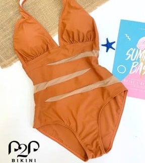 Monokini cột cổ phối lưới cam đất