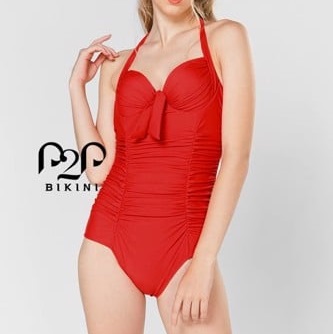 Monokini push up cột cổ nhún bụng đỏ