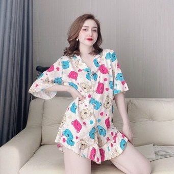 Đồ mặc nhà pijama tay ngắn, quần short họa tiết hoạt hình