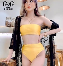 Bikini hai mảnh áo quây ngang, quần lưng cao vàng