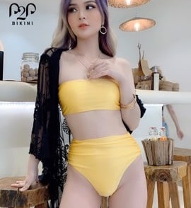 Bikini hai mảnh áo quây ngang, quần lưng cao vàng