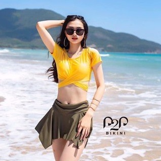 Đồ bơi tay ngắn croptop, váy xòe xanh rêu