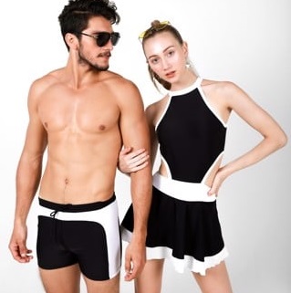 Đồ bơi couple, quần bơi nam, monokini nữ cổ yếm váy xòe