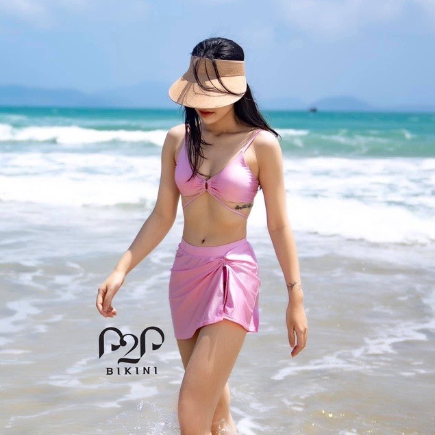 Bikini bộ 3 mảnh tam giác cột dây kèm váy, màu hồng