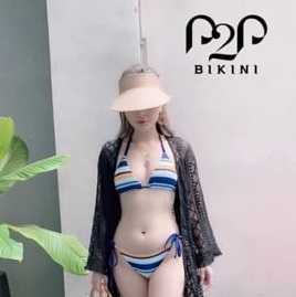 Bikini hai mảnh áo mút cột dây, quần tam giác kẻ sọc nhiều màu