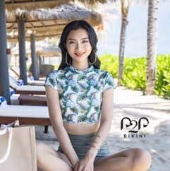 Áo bơi tay ngắn croptop họa tiết lá cây