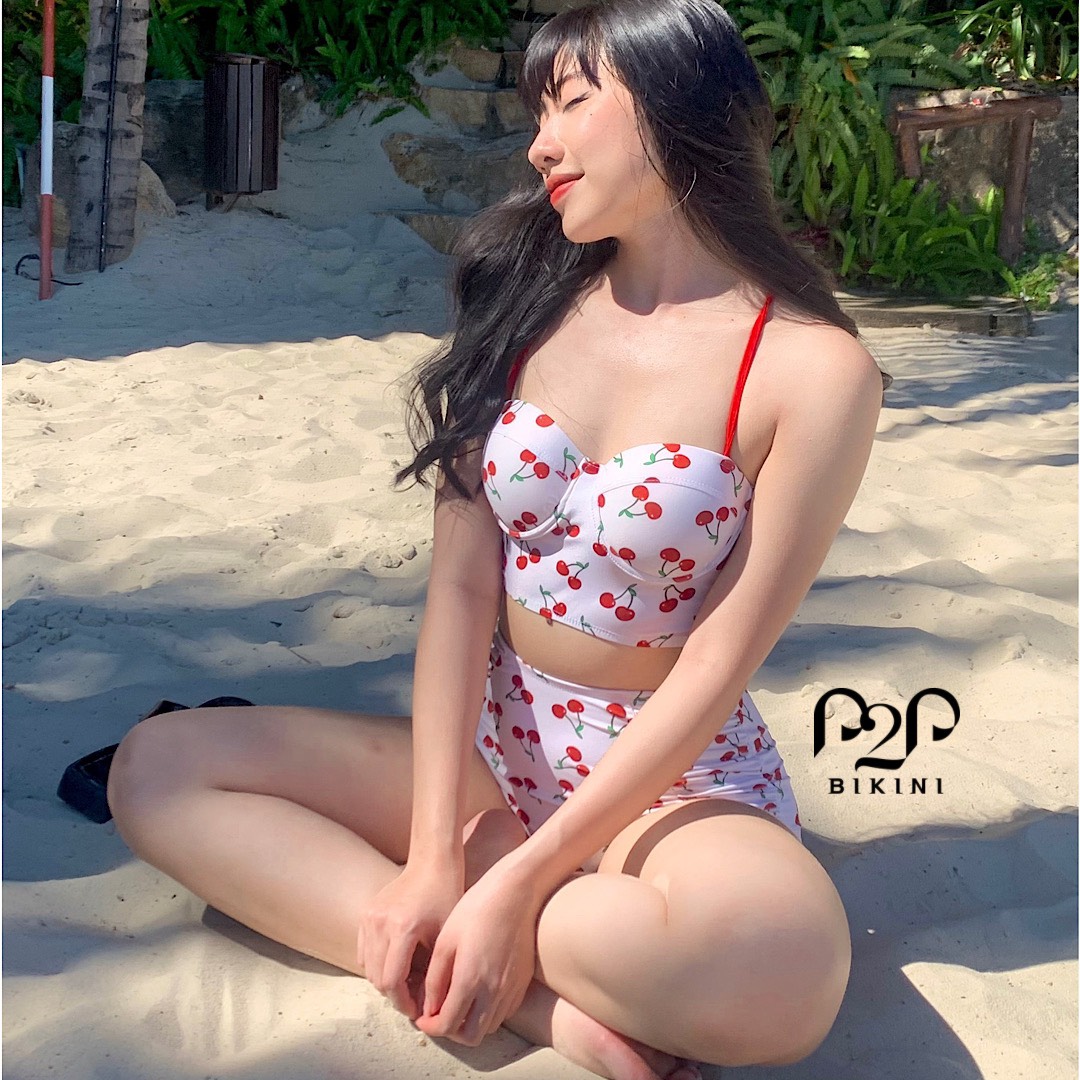 Bikini 2 mảnh, quần lưng cao hoạ tiết cherry