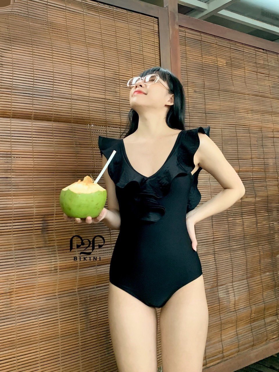 Monokini basic phối bèo đen