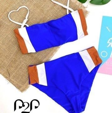 Bikini hai mảnh áo quây ngang, quần lưng cao phối màu