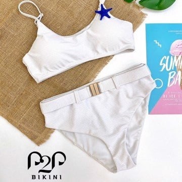 Bikini hai mảnh áo hai dây, quần lưng cao phối khóa trắng