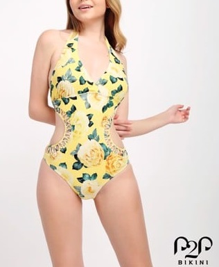 Monokini cột cổ khoét eo họa tiết hoa vàng