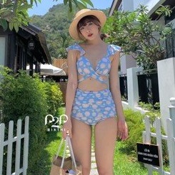 Bikini 2 mảnh push up tay bèo xanh