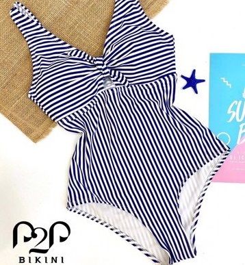 Monokini hai dây bản to ngực cách điệu kẻ sọc