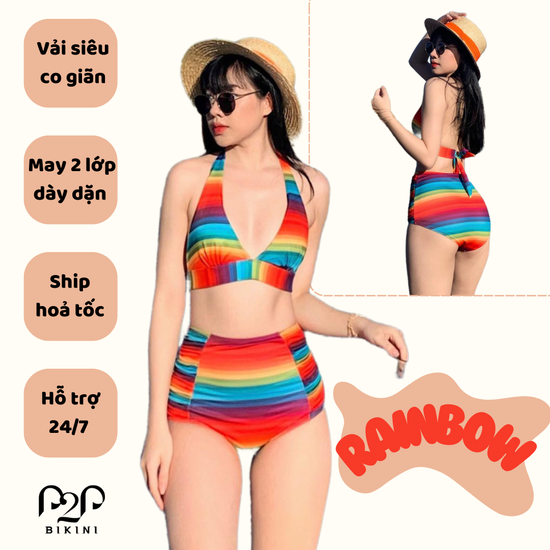 Đồ bơi Nữ 2 mảnh áo cột dây, quần cạp cao hai lớp hoạ tiết cầu vồng - P2P BIKINI