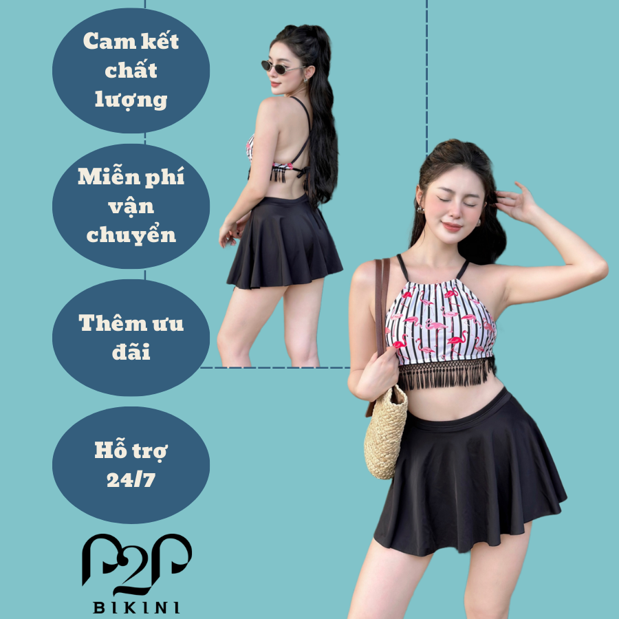 Áo bơi LẺ Nữ P2P Bikini kiểu dáng croptop yếm cột dây hoạ tiết hồng hạc
