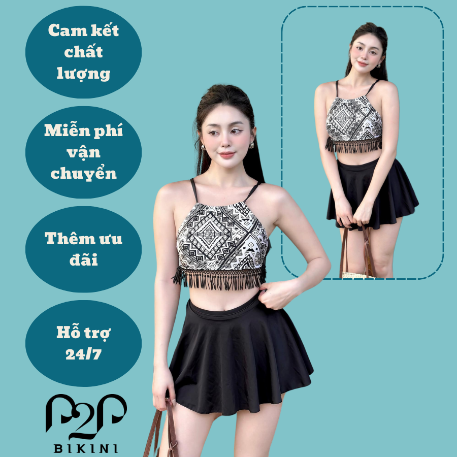 Áo bơi LẺ Nữ P2P Bikini kiểu dáng croptop yếm cột dây hoạ tiết hình học