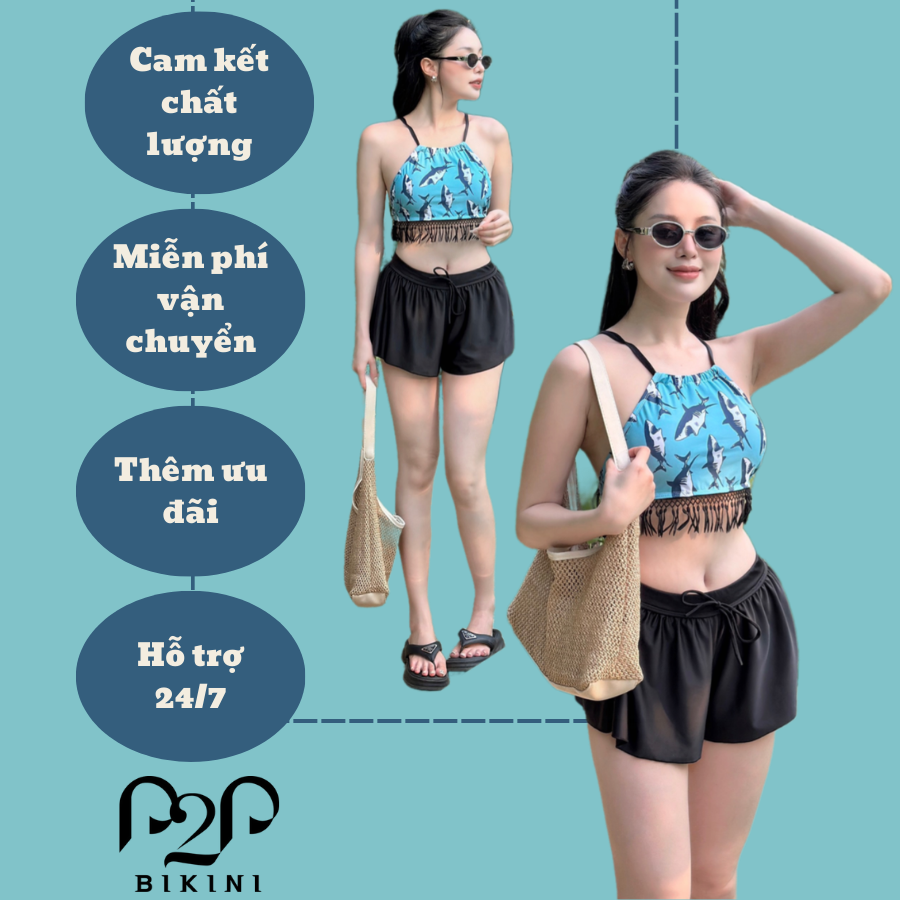 Áo bơi LẺ NỮ P2P Bikini kiểu dáng croptop yếm cột dây hoạ tiết