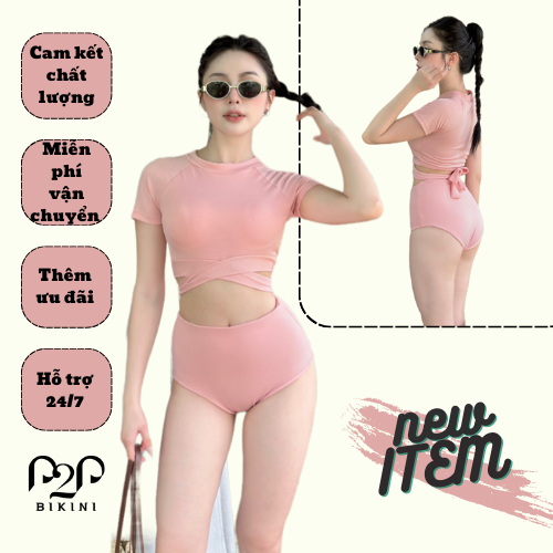 Đồ bơi Nữ hai mảnh áo tay ngắn quần cạp cao hai lớp màu hồng baby ngọt ngào - P2P BIKINI