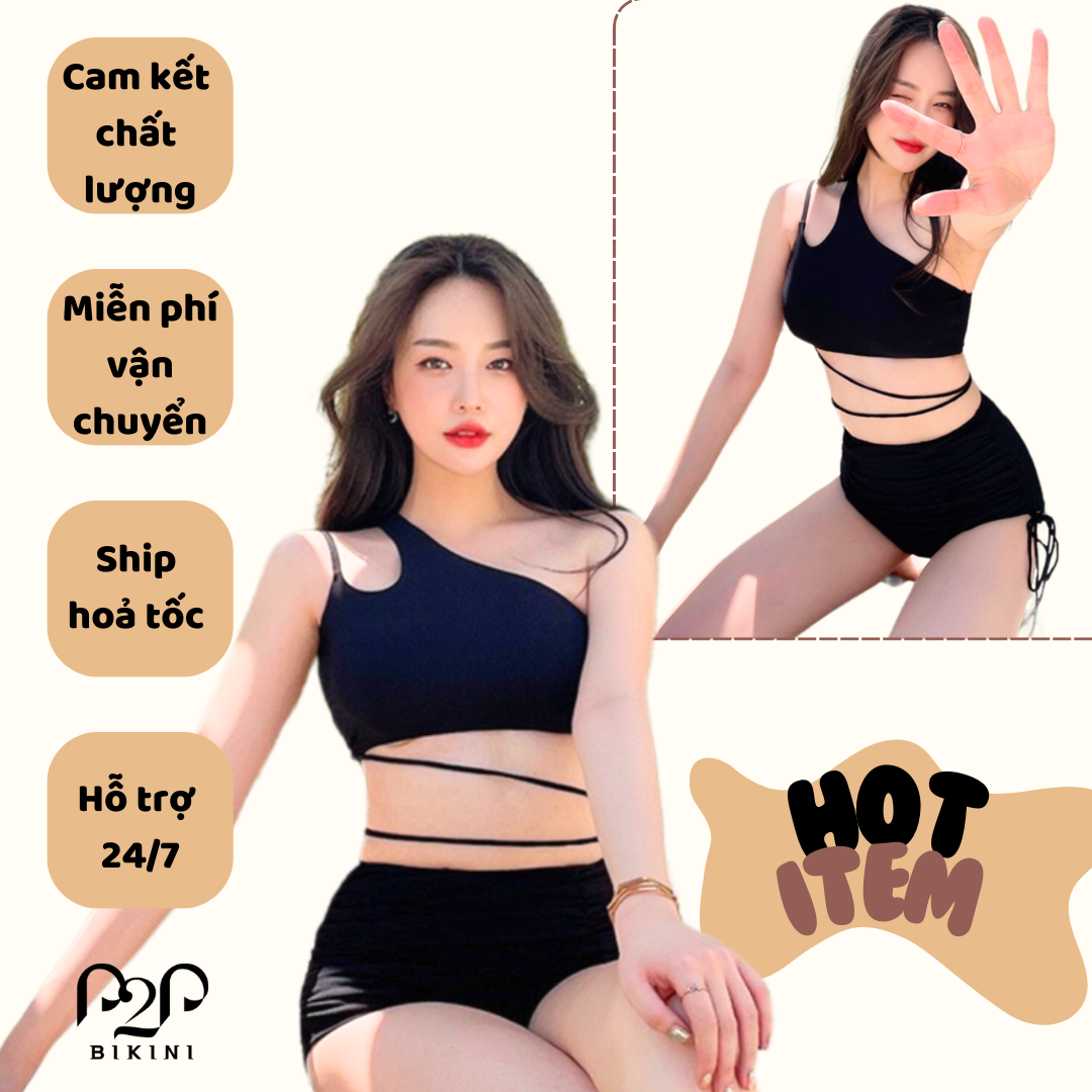 Đồ bơi Nữ 2 mảnh lệch vai, quần cạp cao phối dây cột full Đen - P2P BIKINI