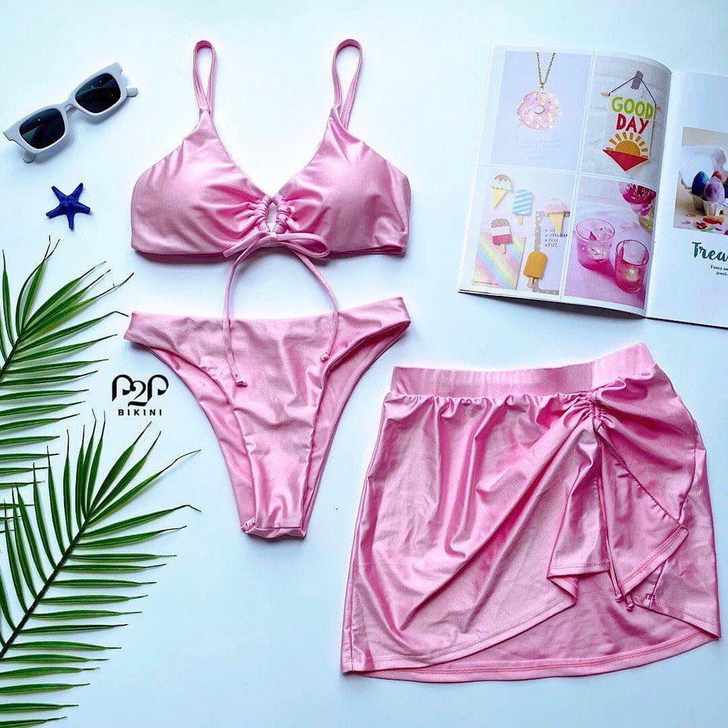 Bikini bộ 3 mảnh tam giác cột dây kèm váy, màu hồng