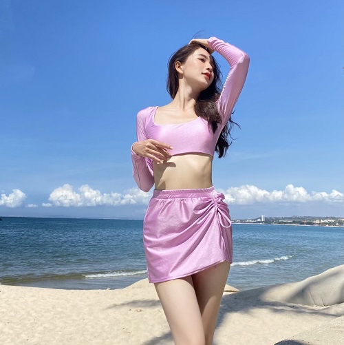 Đồ bơi tay dài croptop, quần tam giác kèm váy