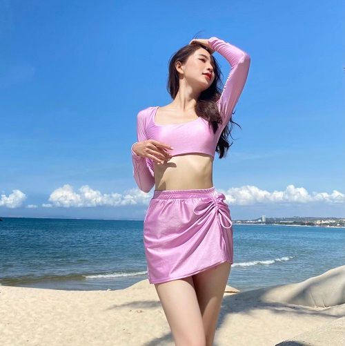 Đồ bơi tay dài croptop, quần tam giác kèm váy