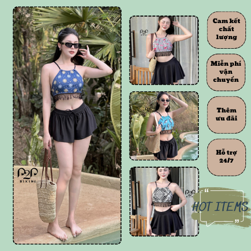 Áo bơi Lẻ Nữ P2P Bikini kiểu dáng croptop yếm cột dây nhiều hoạ tiết