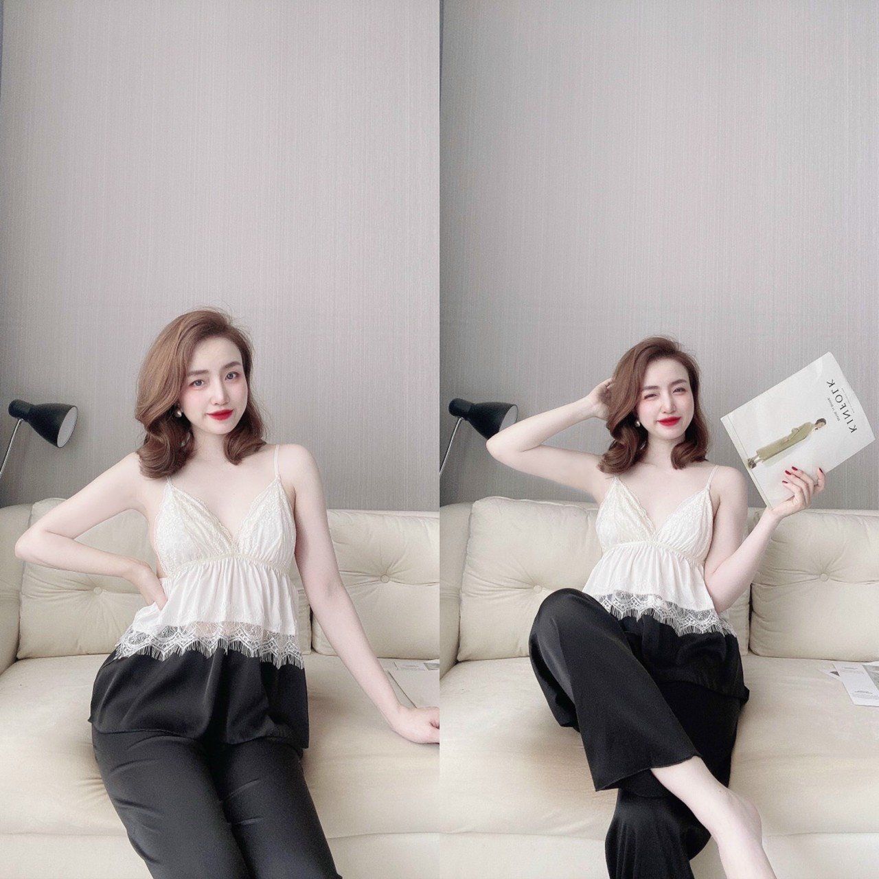 Đồ mặc nhà sexy hai dây phối voan, quần dài đen