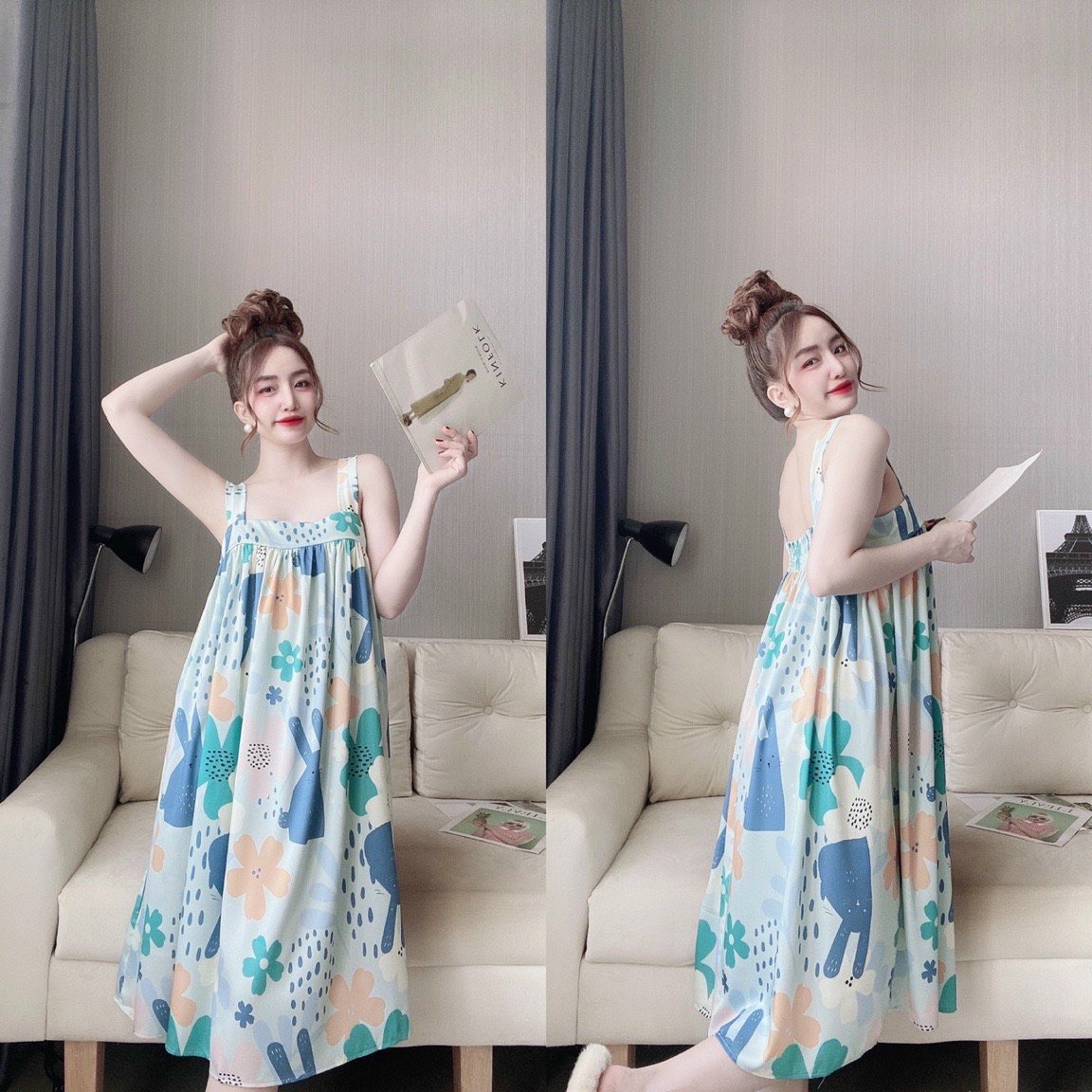 Đầm mặc nhà hai dây dáng suông hoa