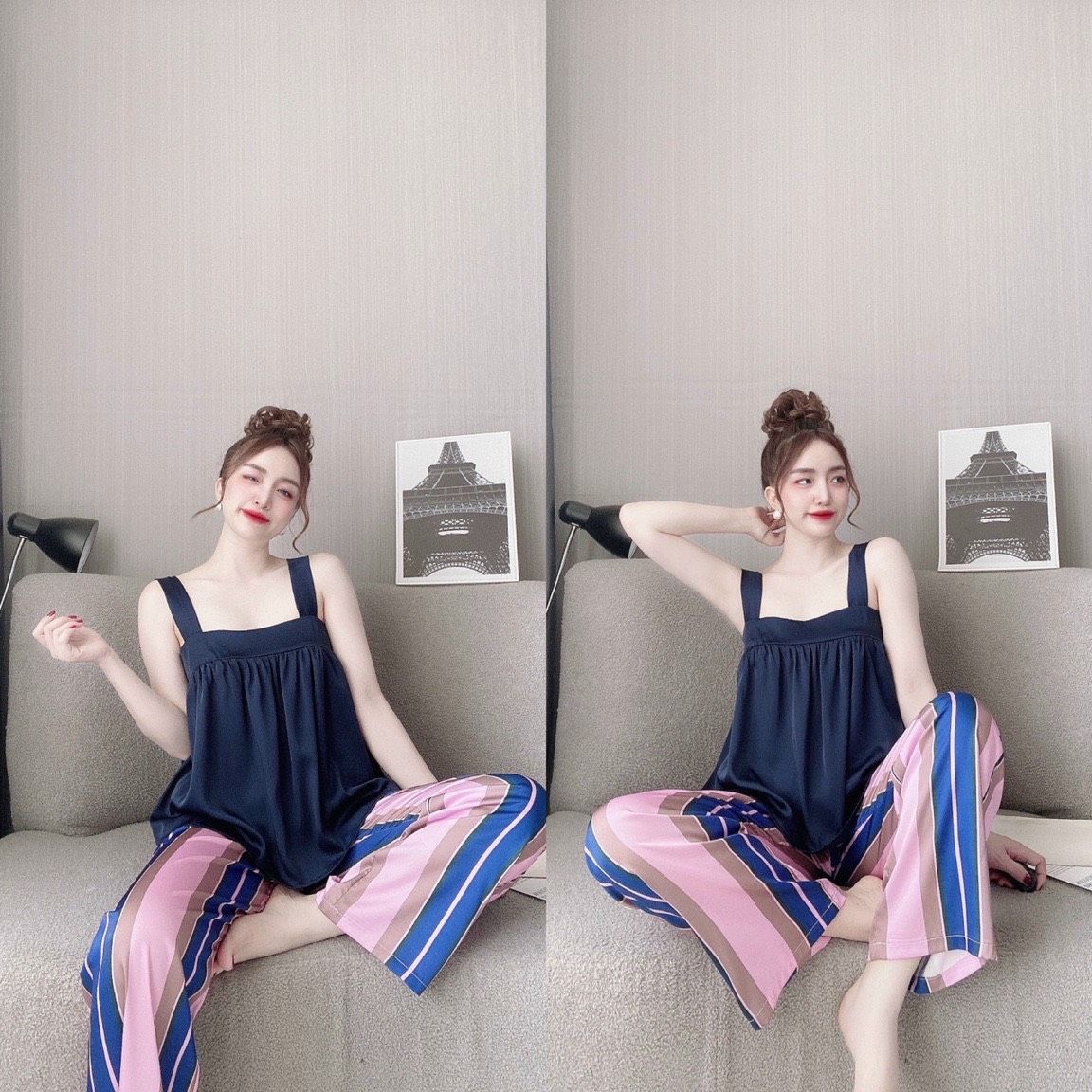 Đồ mặc nhà áo baby doll, quần dài kẻ sọc xanh