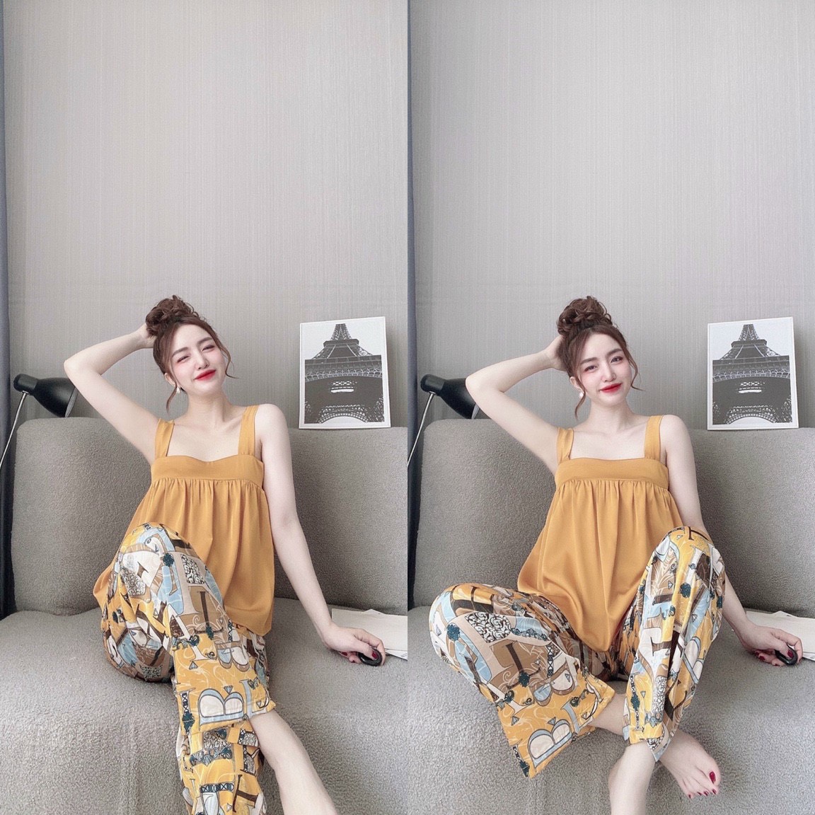 Đồ mặc nhà áo baby doll, quần dài họa tiết chữ