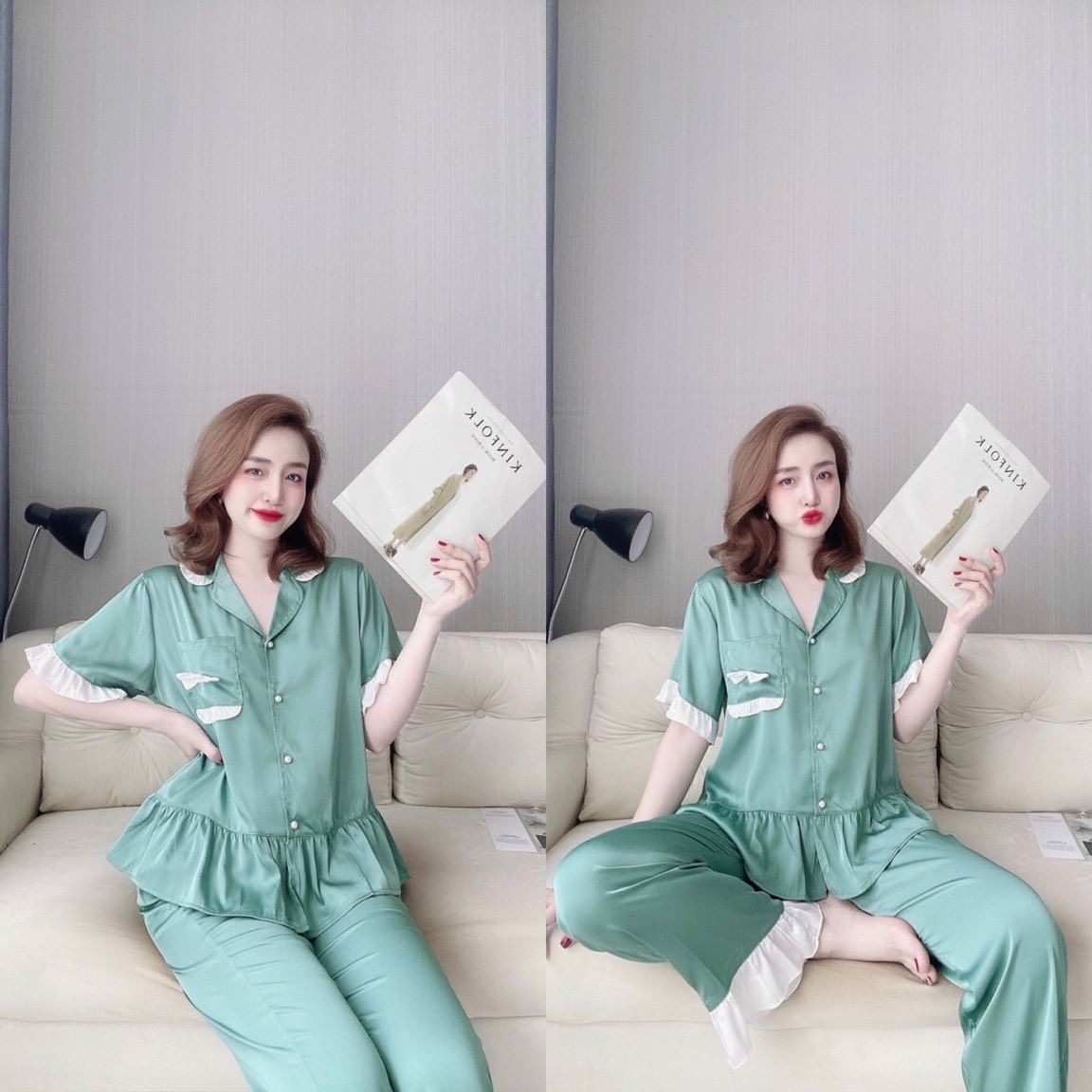 Đồ mặc nhà pijama tay ngắn, quần dài xanh ngọc