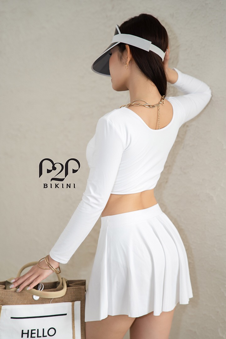 Đồ bơi tay dài croptop, váy xòe lưng cao trắng