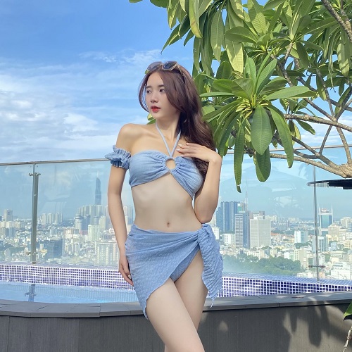 Set bikini 2 mảnh áo tay bồng kèm váy xanh biển