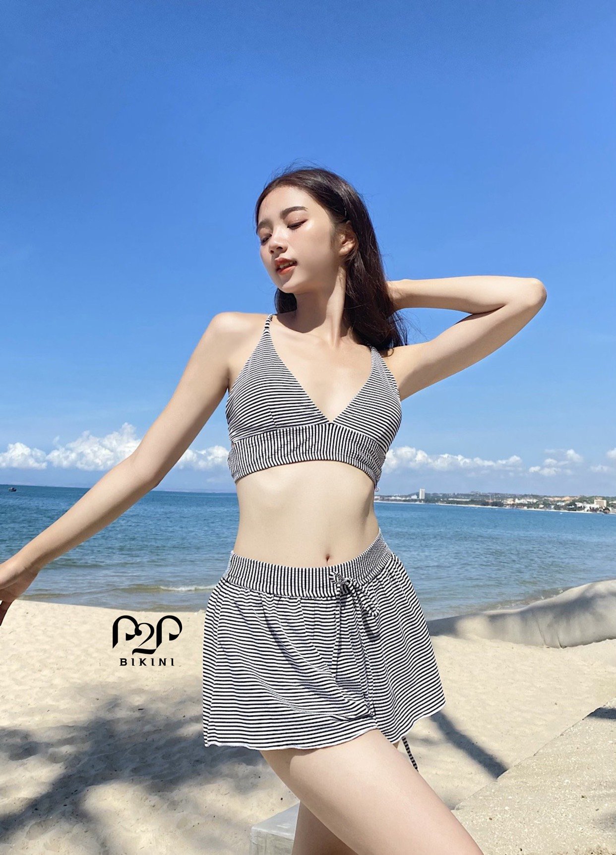 [RESTOCK 2024] Đồ bơi Nữ bikini 2 mảnh đan dây kẻ sọc trắng đen năng động