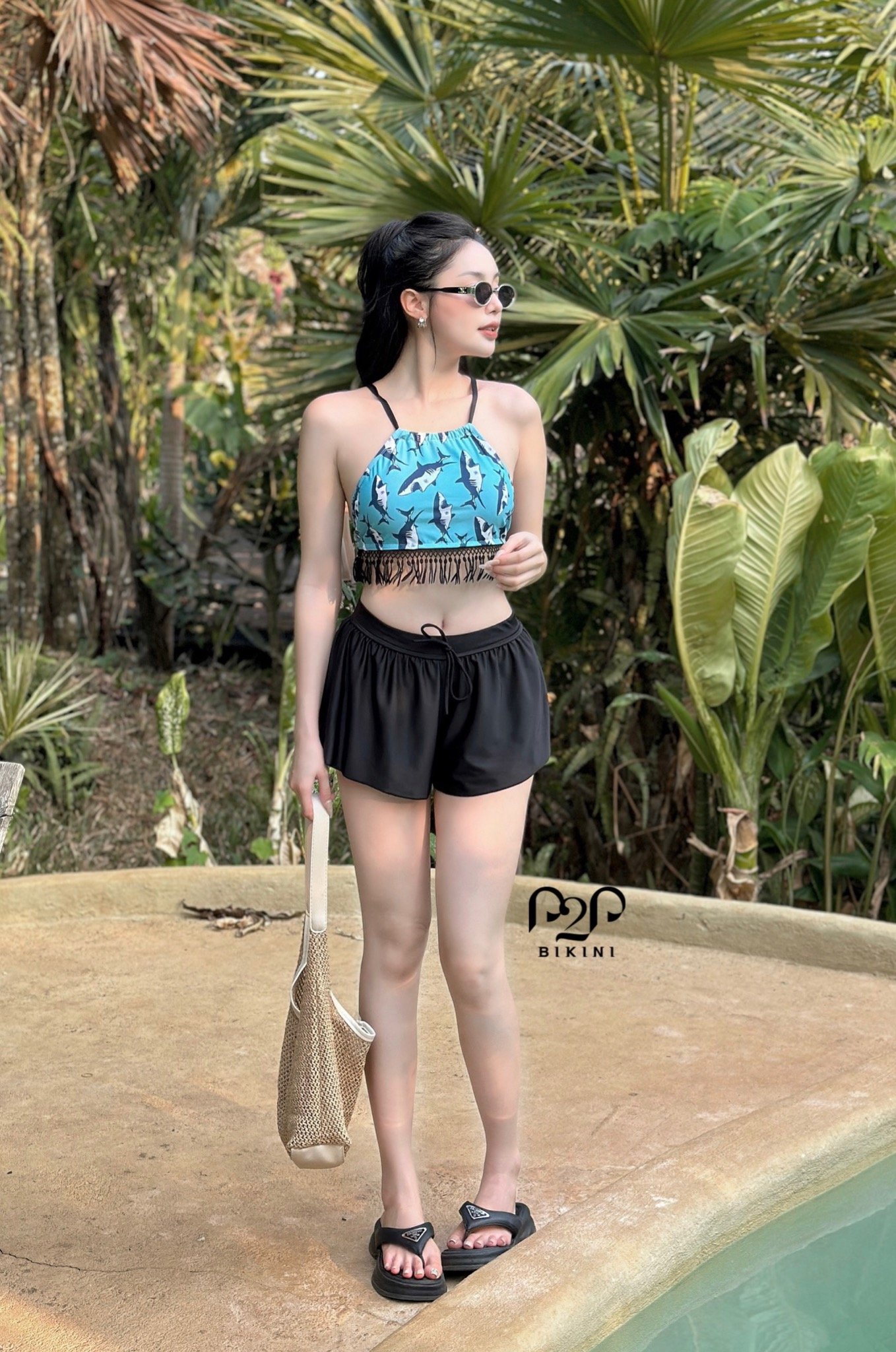 Áo bơi LẺ NỮ P2P Bikini kiểu dáng croptop yếm cột dây hoạ tiết