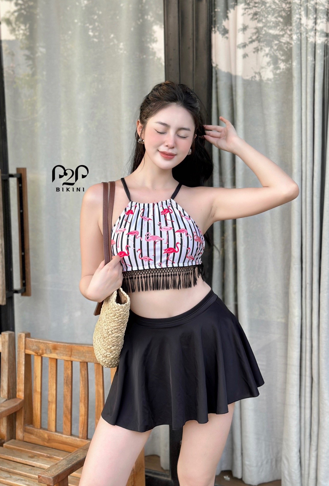 Áo bơi Lẻ Nữ P2P Bikini kiểu dáng croptop yếm cột dây nhiều hoạ tiết