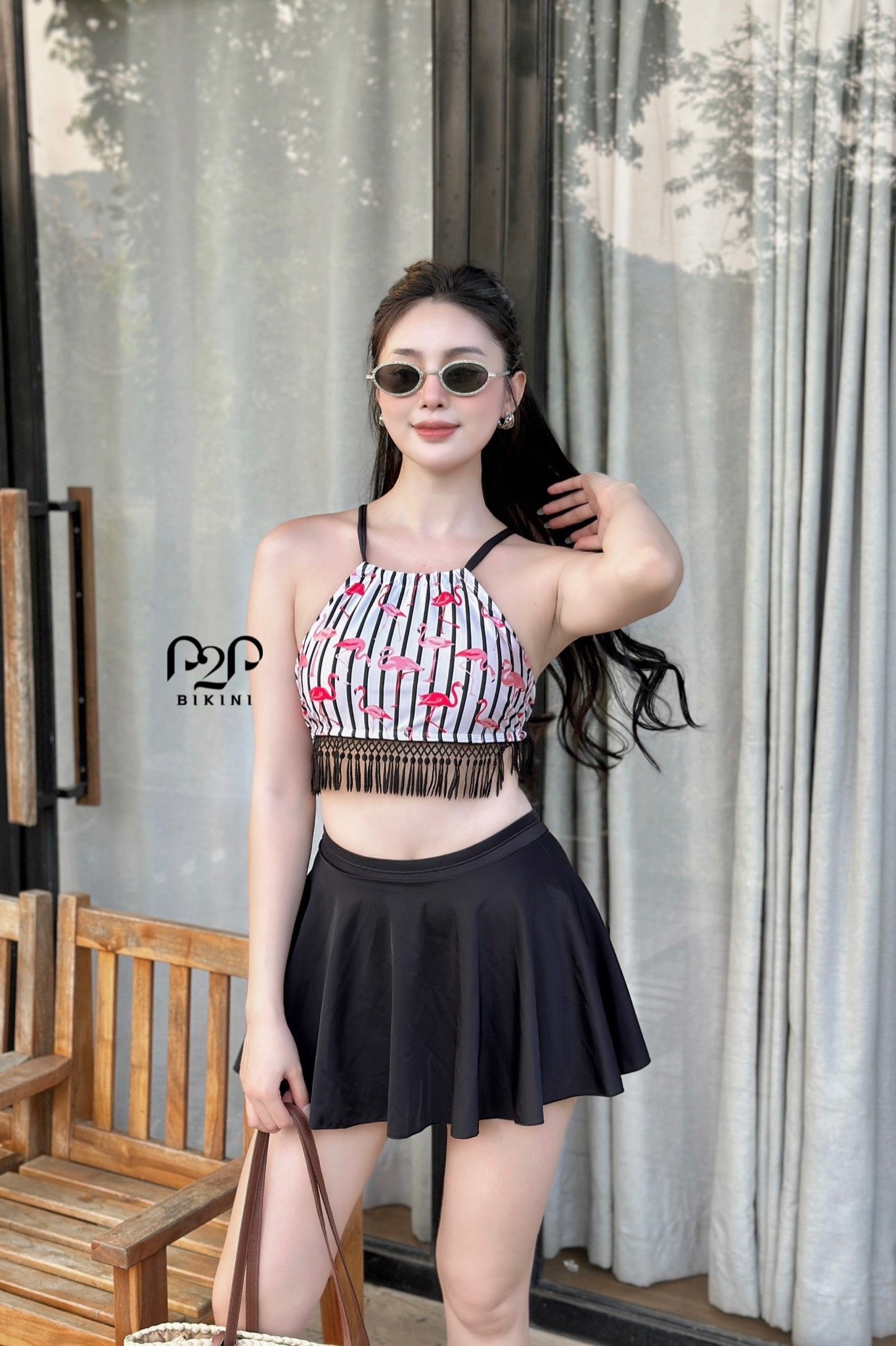 Áo bơi LẺ Nữ P2P Bikini kiểu dáng croptop yếm cột dây hoạ tiết hồng hạc
