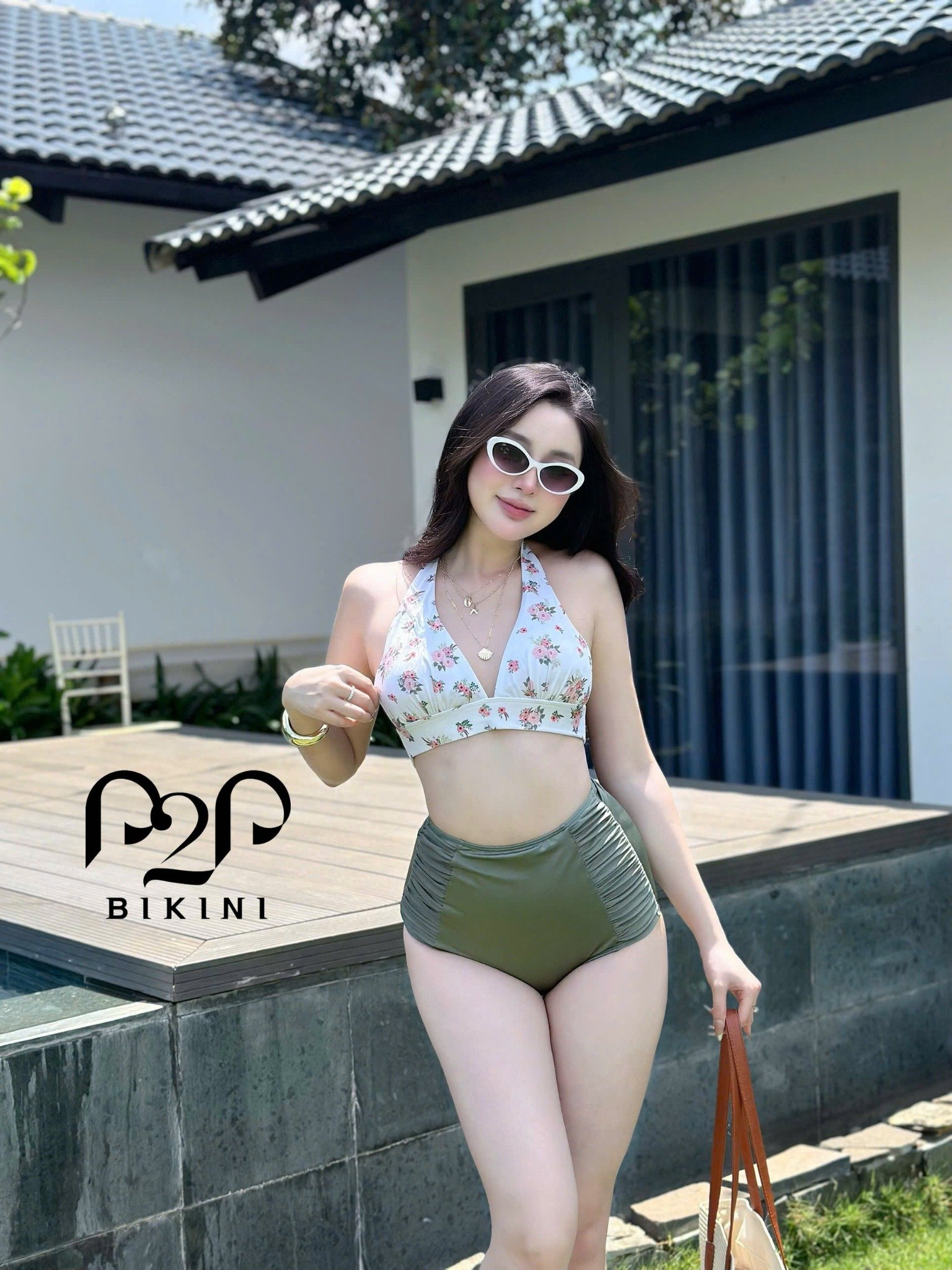 Set bơi lưng cao xanh rêu -  Áo họa tiết tropical